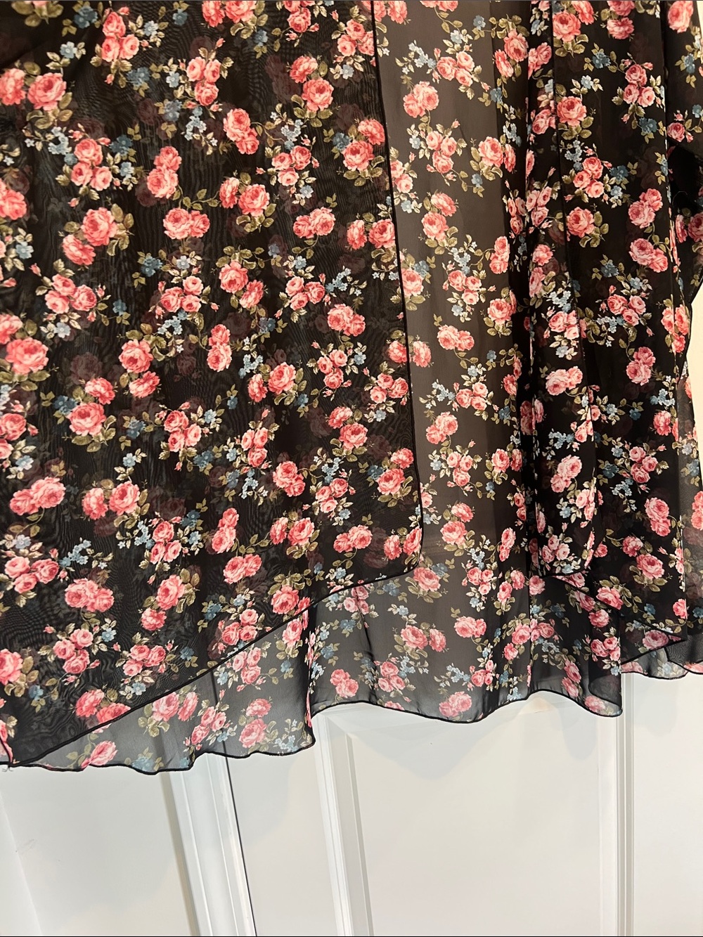 Honeyme Black Sheer Floral Kimono with Pink Roses - Picture 3 of 5